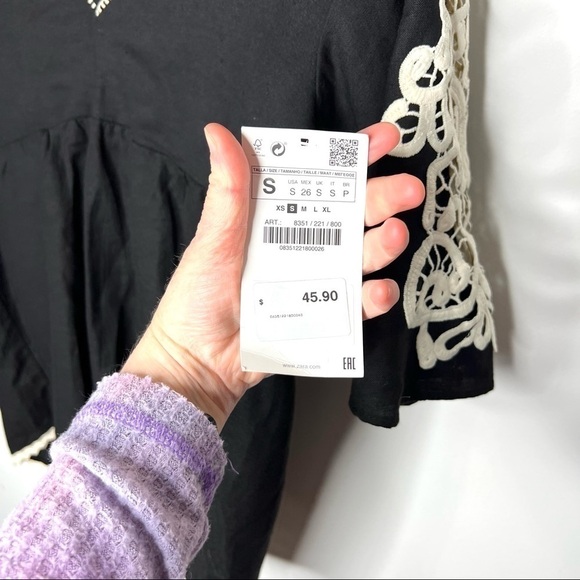 Zara Baby Doll Short Sleeve Blouse with White Embroidery Size Small - Picture 4 of 15